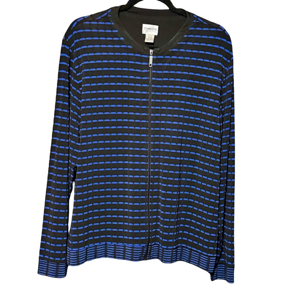 Chico’s Travelers Black Blue Striped Zip Front Long Sleeve Cardigan XL